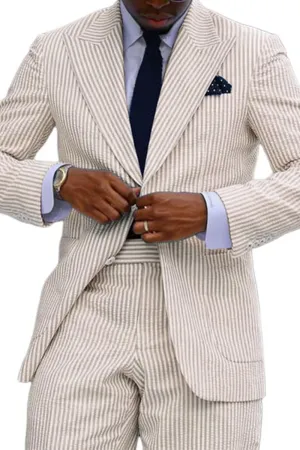 Wehilion Men's Striped Seersucker Suits 2 Piece Slim Fit Wedding Tuxedo Summer Beach Suits Sets