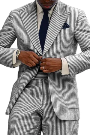 Wehilion Men's Striped Seersucker Suits 2 Piece Slim Fit Wedding Tuxedo Summer Beach Suits Sets