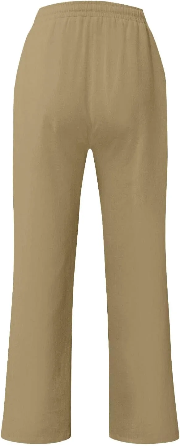 WENKOMG1 Cotton Linen Pants for Men Solid Lightweight Lounge Pants Straight Leg Elastic Waist Drawstring Casual Pants