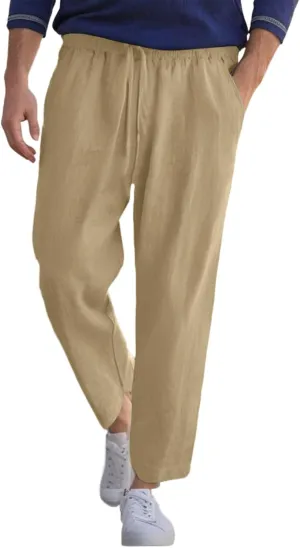 WENKOMG1 Cotton Linen Pants for Men Solid Lightweight Lounge Pants Straight Leg Elastic Waist Drawstring Casual Pants