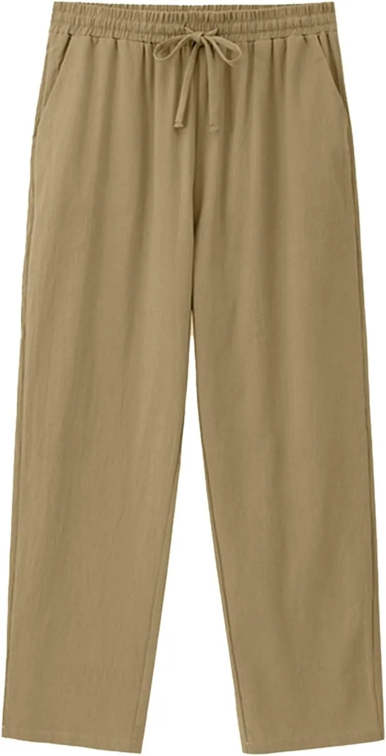 WENKOMG1 Cotton Linen Pants for Men Solid Lightweight Lounge Pants Straight Leg Elastic Waist Drawstring Casual Pants