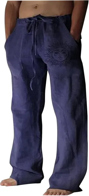 WENKOMG1 Mens Cotton Linen Pants,Wide Leg Drawstring Closure Pull On Trousers Loose Fit Baggy Lounge Wide Leg Bottoms