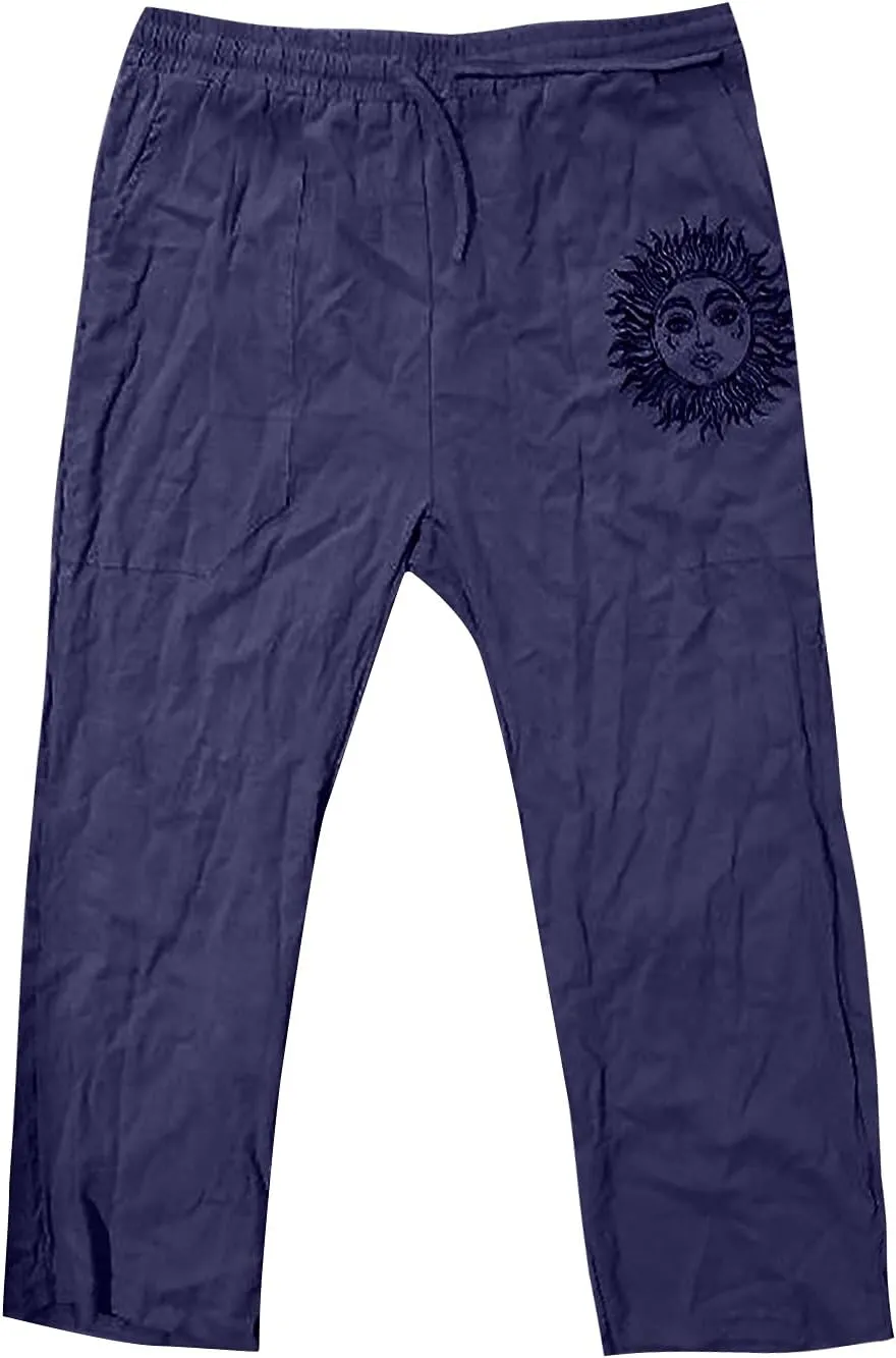 WENKOMG1 Mens Cotton Linen Pants,Wide Leg Drawstring Closure Pull On Trousers Loose Fit Baggy Lounge Wide Leg Bottoms