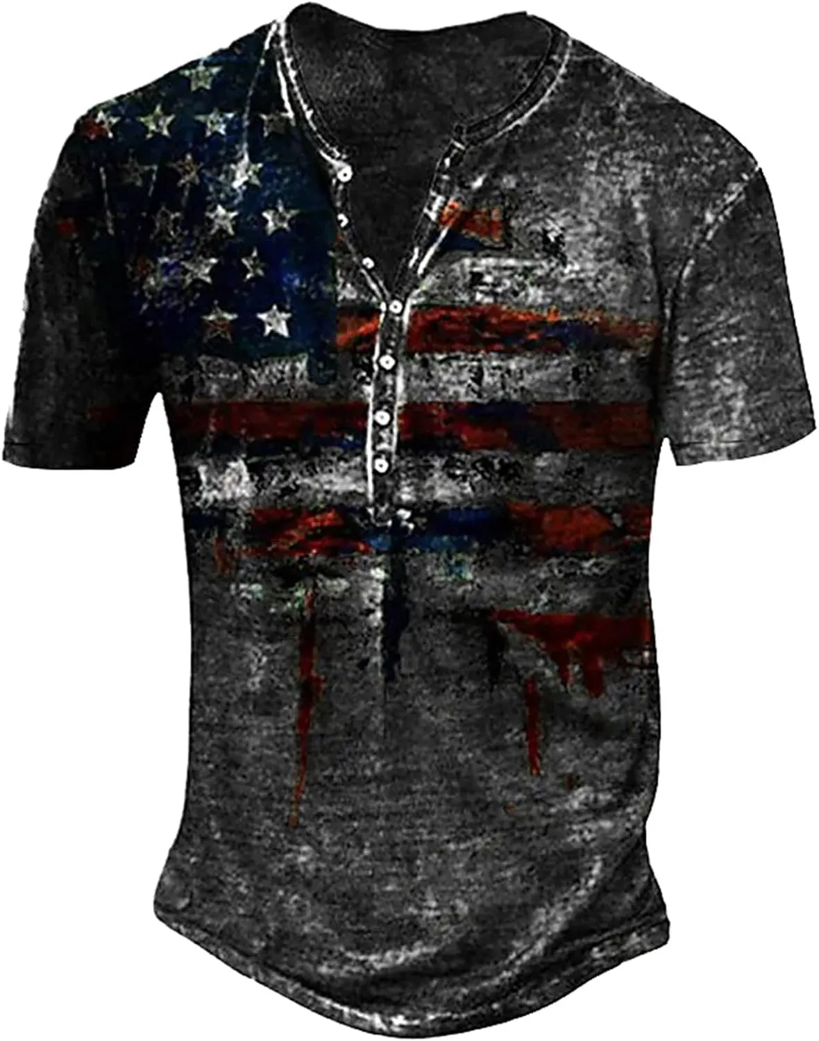 WENKOMG1 Mens Henley Shirt,Washed USA Flag Star and Stripes Streetwear Short Sleeve Retro Style Patriotic Distressed Top