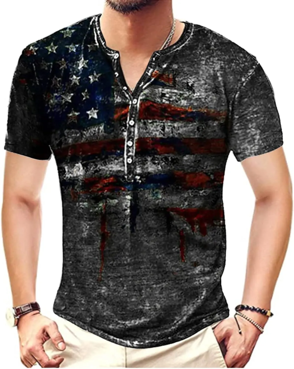 WENKOMG1 Mens Henley Shirt,Washed USA Flag Star and Stripes Streetwear Short Sleeve Retro Style Patriotic Distressed Top