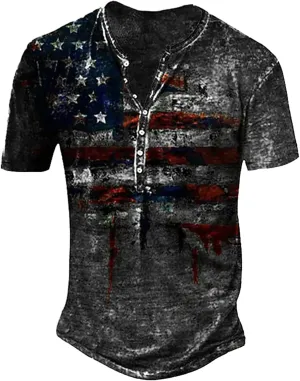 WENKOMG1 Mens Henley Shirt,Washed USA Flag Star and Stripes Streetwear Short Sleeve Retro Style Patriotic Distressed Top
