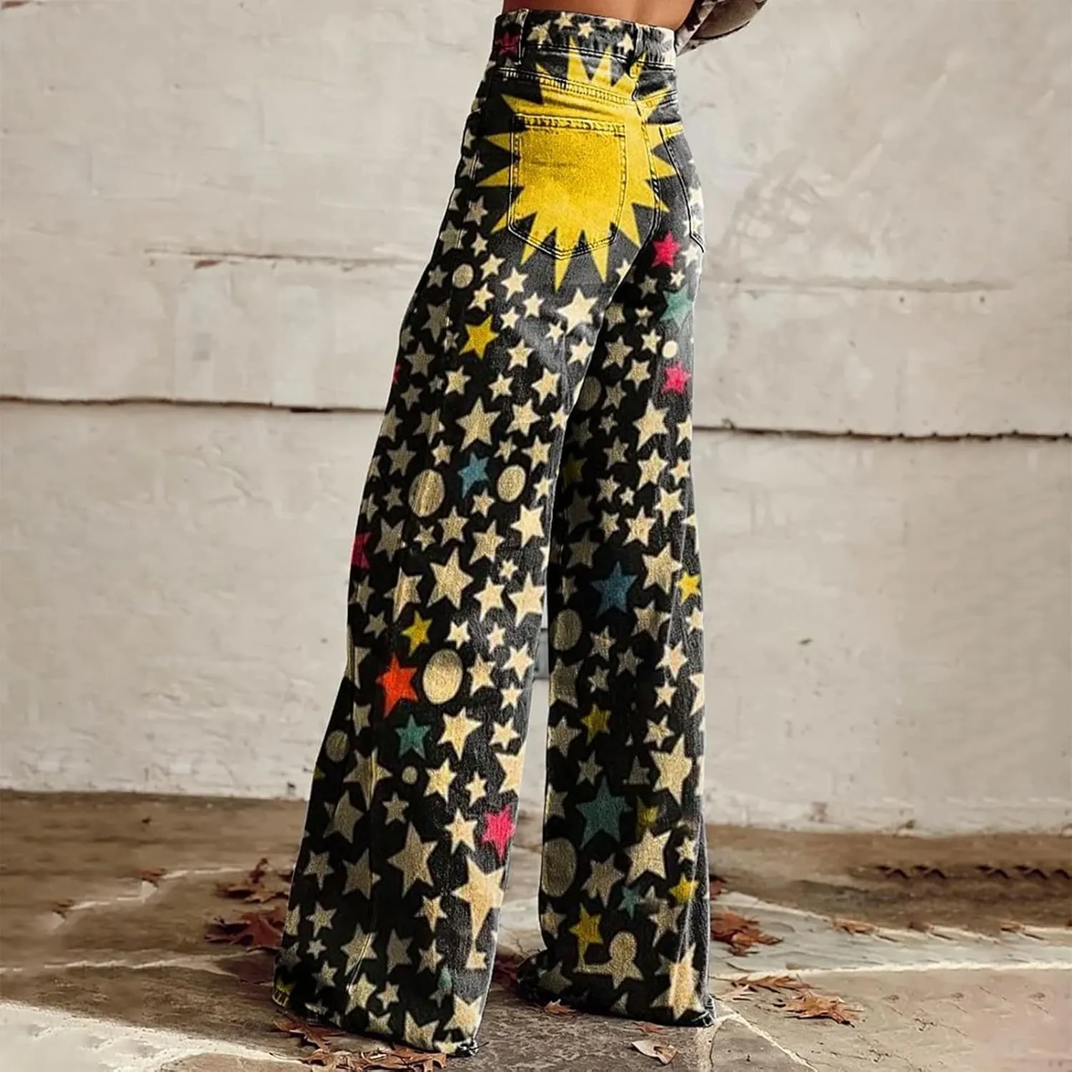 Wide Leg Flare Jeans for Women Vintage Floral Print Baggy Bell Bottom Jean Baggy Retro Boyfriend Flower Denim Pants