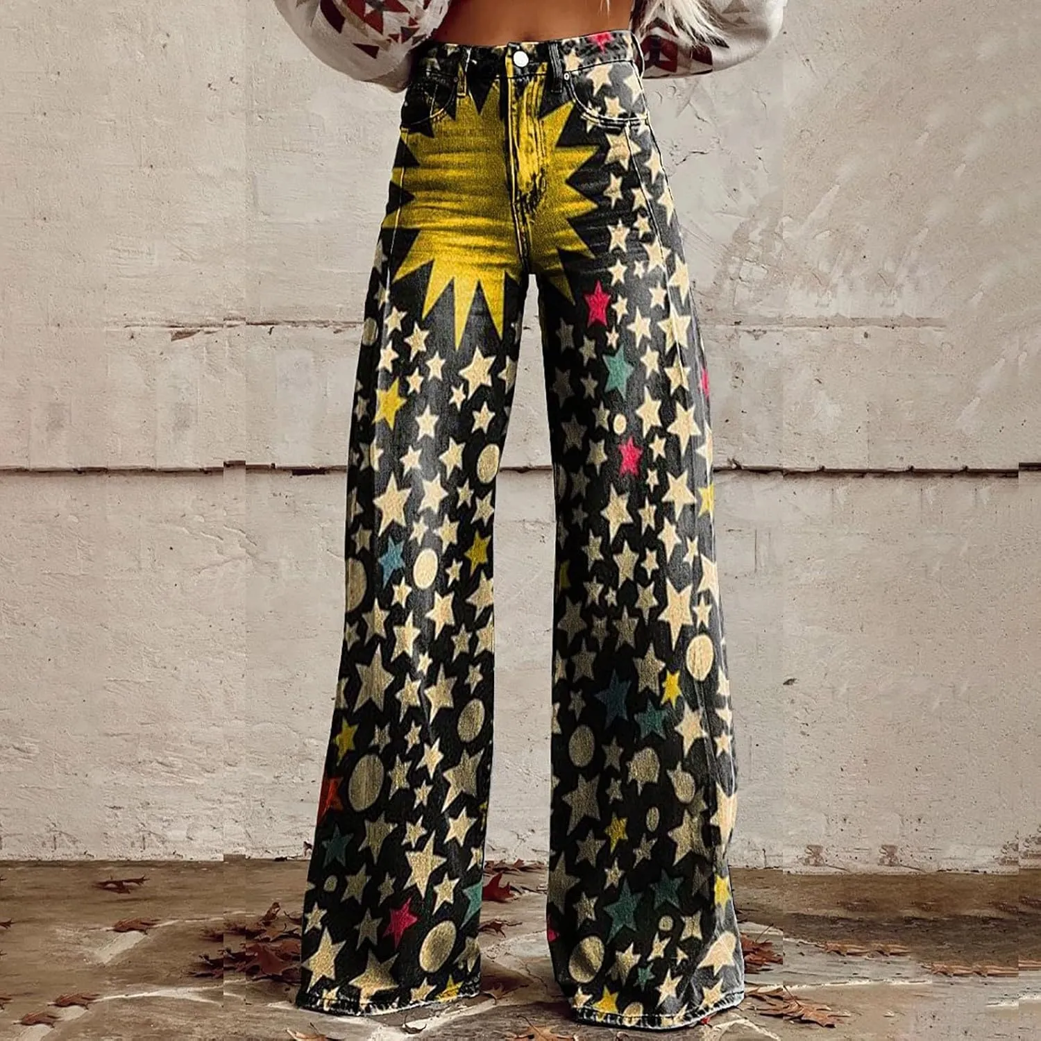 Wide Leg Flare Jeans for Women Vintage Floral Print Baggy Bell Bottom Jean Baggy Retro Boyfriend Flower Denim Pants