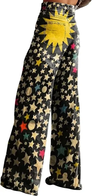 Wide Leg Flare Jeans for Women Vintage Floral Print Baggy Bell Bottom Jean Baggy Retro Boyfriend Flower Denim Pants