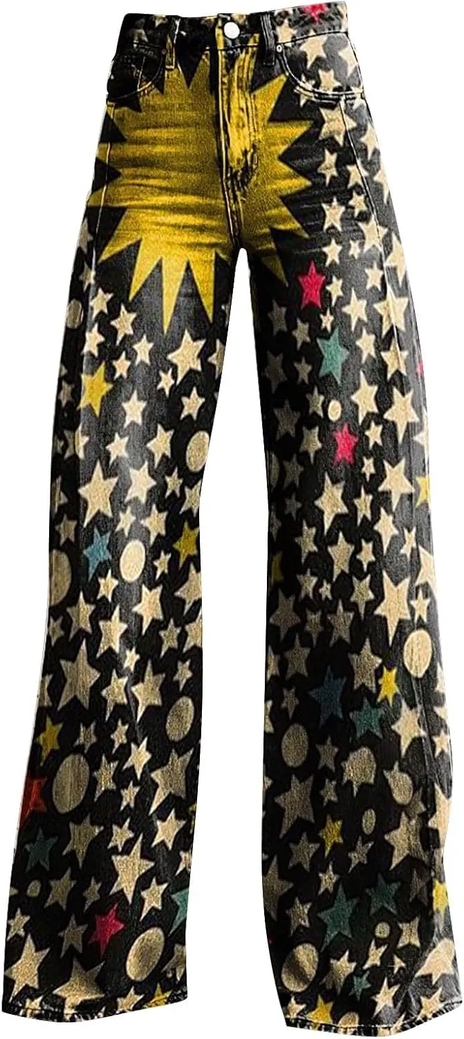 Wide Leg Flare Jeans for Women Vintage Floral Print Baggy Bell Bottom Jean Baggy Retro Boyfriend Flower Denim Pants