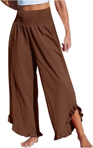 Wide Leg Linen Pants Womens Smocked High Waisted Ruffle Hem Palazzo Pants 2025 Summer Boho Beach Travel Vacation Pant