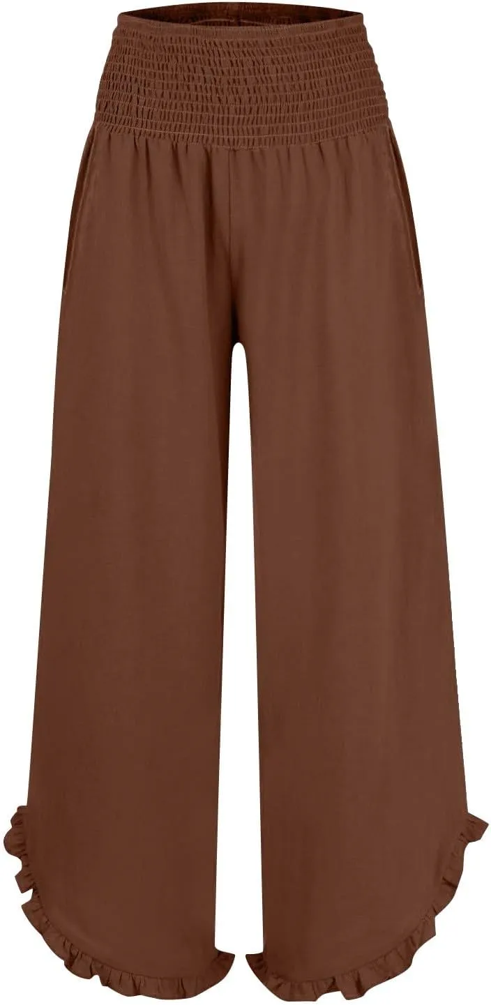 Wide Leg Linen Pants Womens Smocked High Waisted Ruffle Hem Palazzo Pants 2025 Summer Boho Beach Travel Vacation Pant