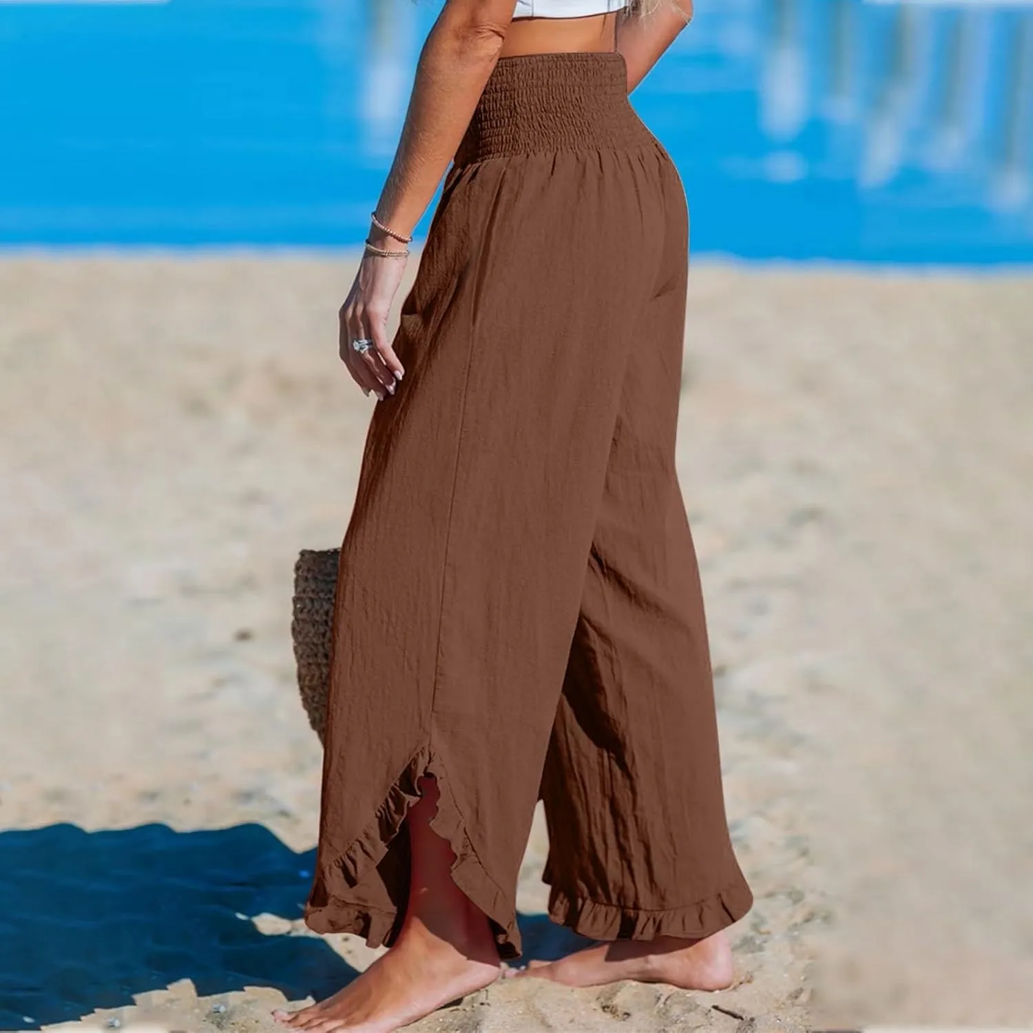 Wide Leg Linen Pants Womens Smocked High Waisted Ruffle Hem Palazzo Pants 2025 Summer Boho Beach Travel Vacation Pant