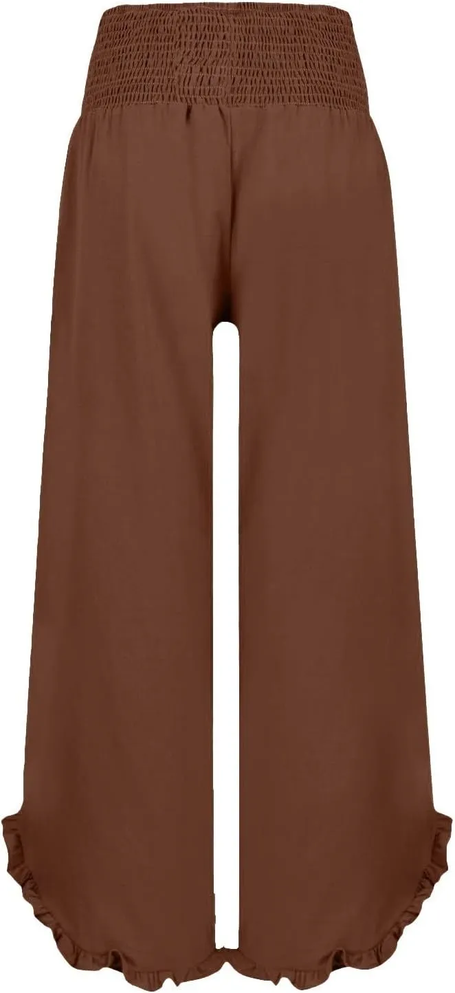 Wide Leg Linen Pants Womens Smocked High Waisted Ruffle Hem Palazzo Pants 2025 Summer Boho Beach Travel Vacation Pant