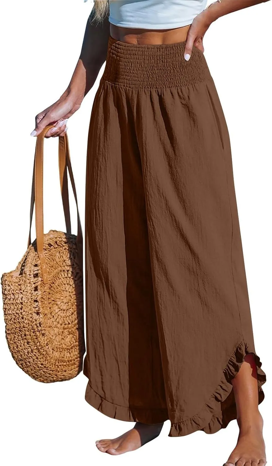 Wide Leg Linen Pants Womens Smocked High Waisted Ruffle Hem Palazzo Pants 2025 Summer Boho Beach Travel Vacation Pant