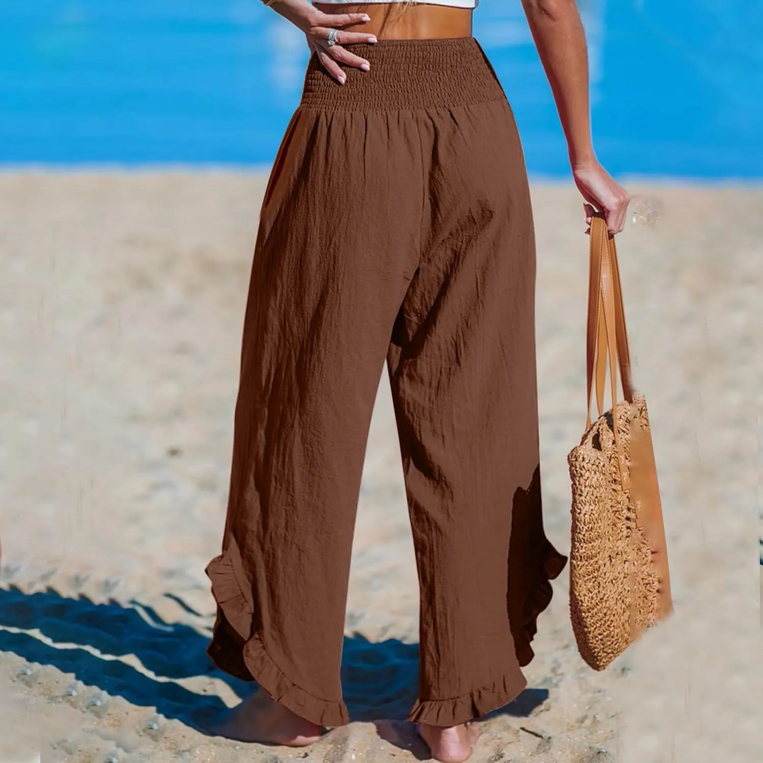 Wide Leg Linen Pants Womens Smocked High Waisted Ruffle Hem Palazzo Pants 2025 Summer Boho Beach Travel Vacation Pant
