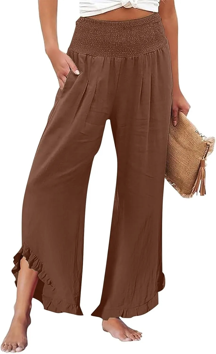 Wide Leg Linen Pants Womens Smocked High Waisted Ruffle Hem Palazzo Pants 2025 Summer Boho Beach Travel Vacation Pant