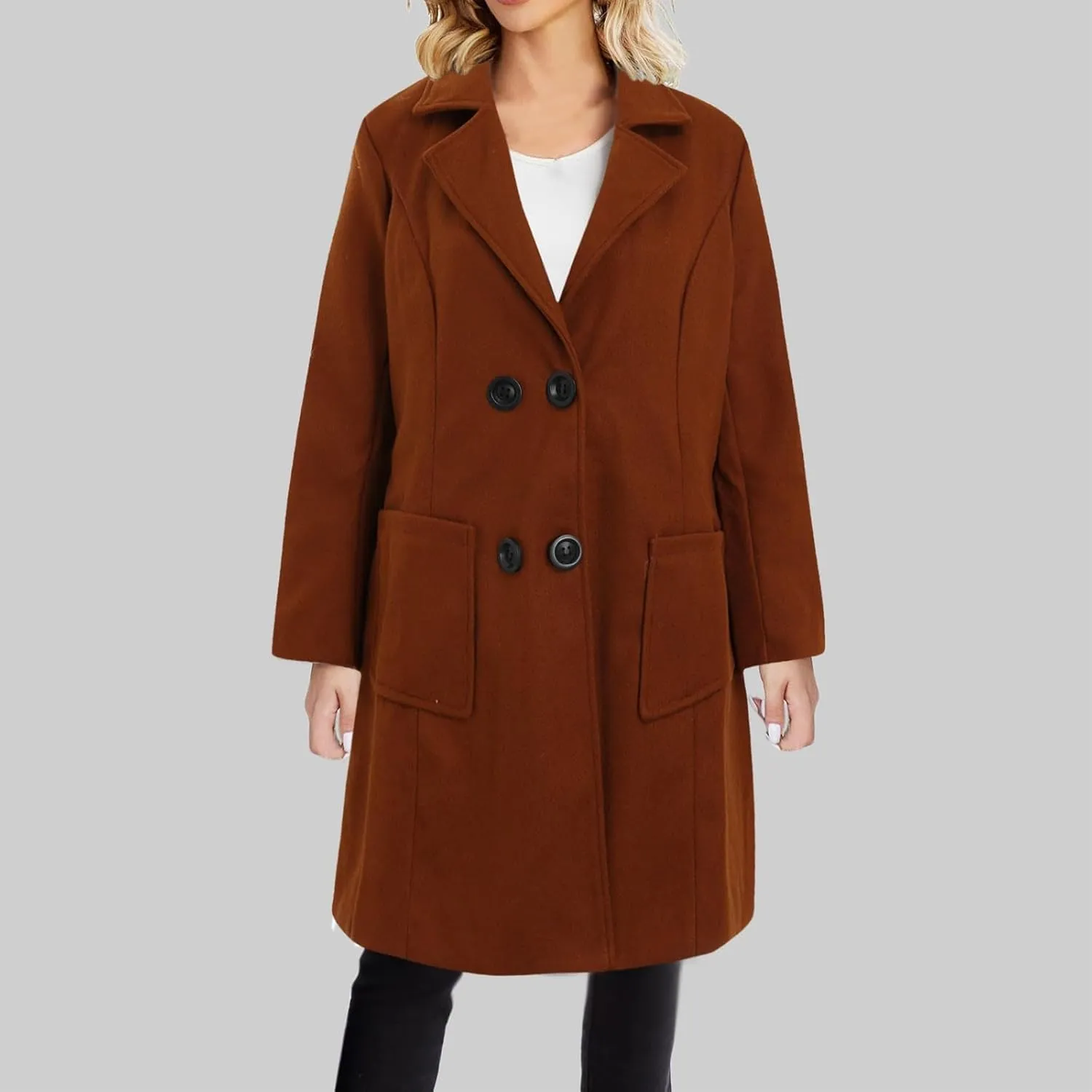 Winter Trench Coat for Women Double Breasted Notched Collar Work Office Jacket Wool Blend Mid Long Pea Coat