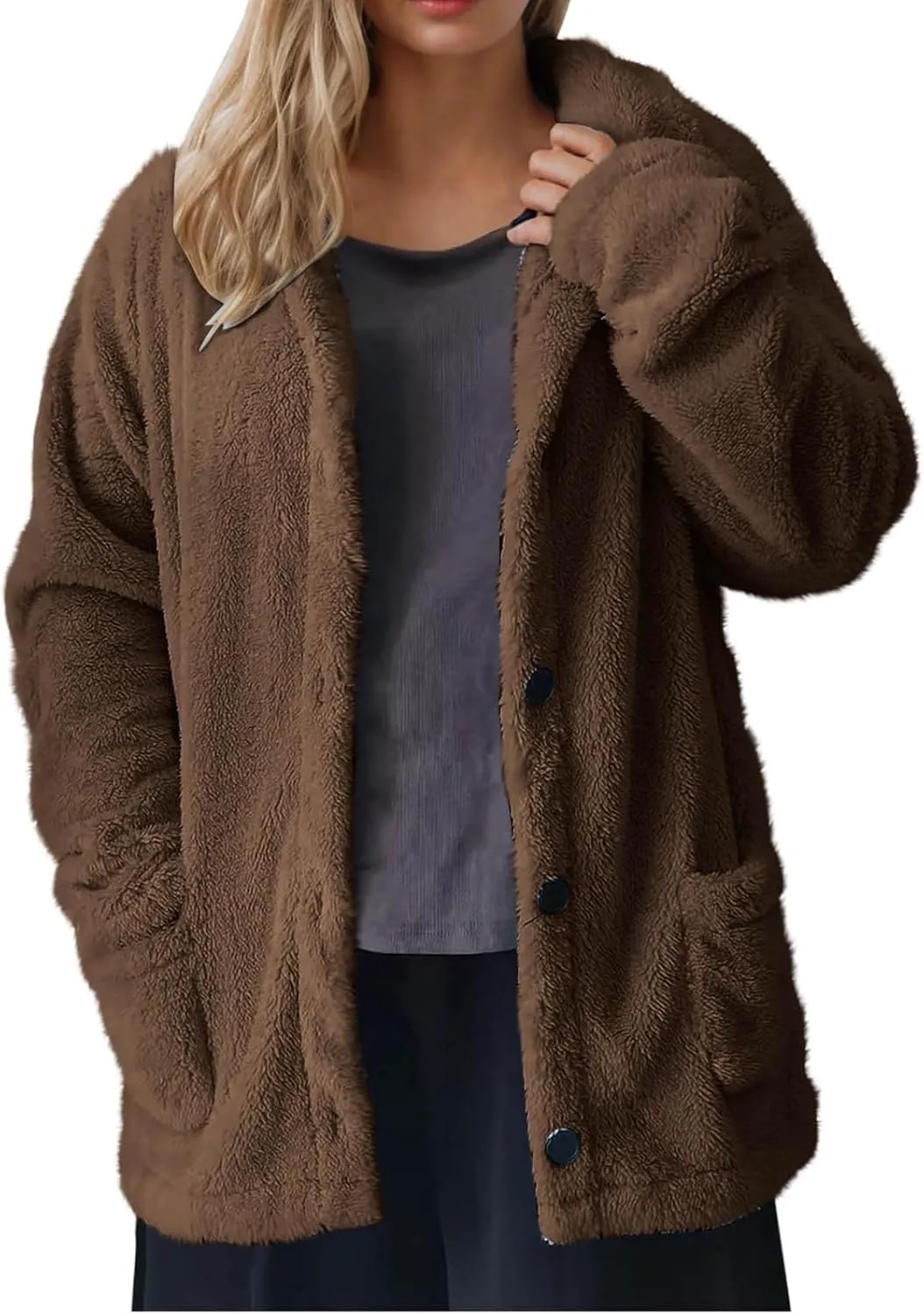 Winter Warm Fleece Jackets for Women Casual Lapel Long Sleeve Button Down Sherpa Coat Oversized Open Front Cardigans