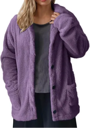 Winter Warm Fleece Jackets for Women Casual Lapel Long Sleeve Button Down Sherpa Coat Oversized Open Front Cardigans