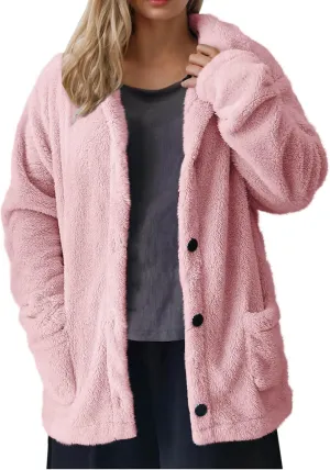 Winter Warm Fleece Jackets for Women Casual Lapel Long Sleeve Button Down Sherpa Coat Oversized Open Front Cardigans