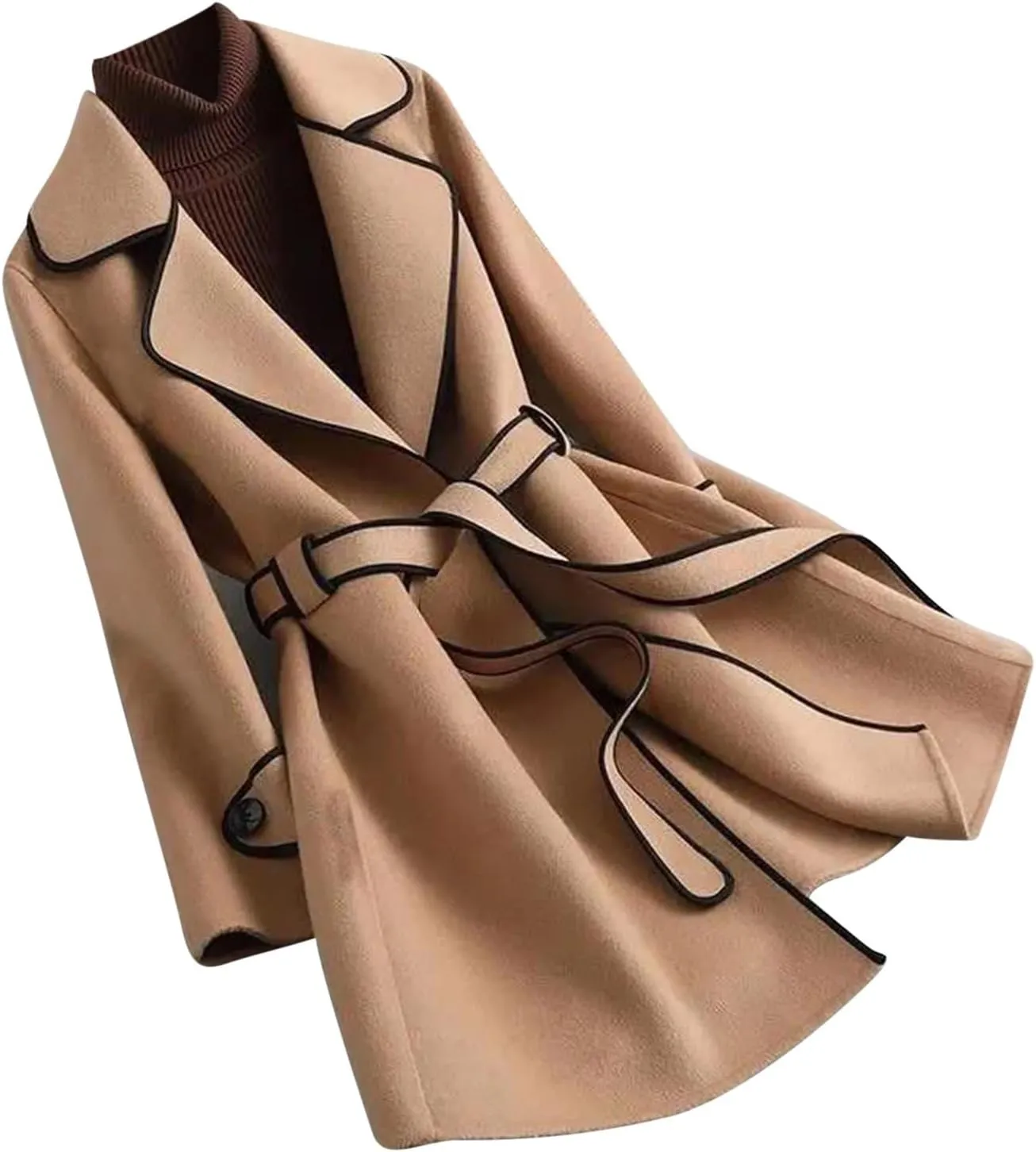 Wkishenl Womens Casual Long Sleeve Wool Blend Pea Coat Lapel Collar Open Front Jacket Fall Winter Warm Mid-Length Trench Coat