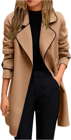 Wkishenl Womens Casual Long Sleeve Wool Blend Pea Coat Lapel Collar Open Front Jacket Fall Winter Warm Mid-Length Trench Coat