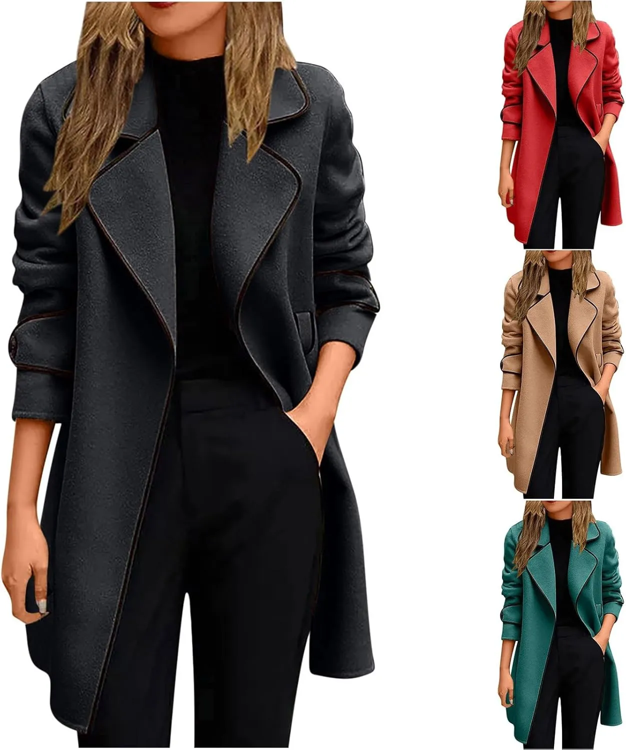 Wkishenl Womens Casual Long Sleeve Wool Blend Pea Coat Lapel Collar Open Front Jacket Fall Winter Warm Mid-Length Trench Coat