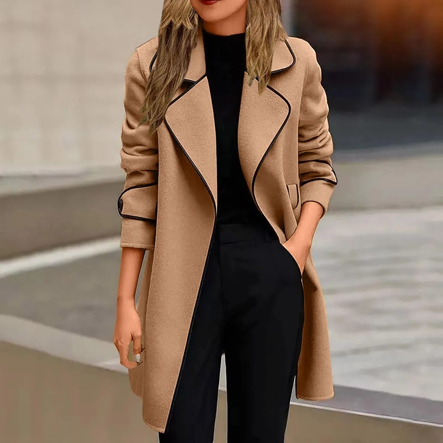 Wkishenl Womens Casual Long Sleeve Wool Blend Pea Coat Lapel Collar Open Front Jacket Fall Winter Warm Mid-Length Trench Coat