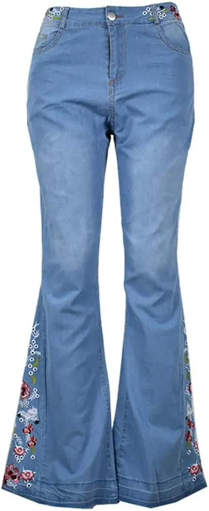 Women Bell Bottom Embroidered Gothic Floral Print Bootcut Western Jeans