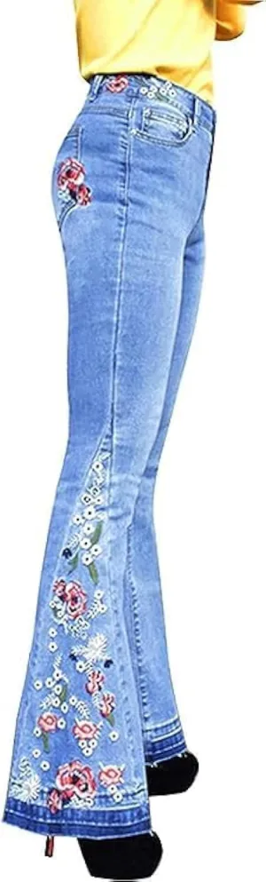 Women Bell Bottom Embroidered Gothic Floral Print Bootcut Western Jeans