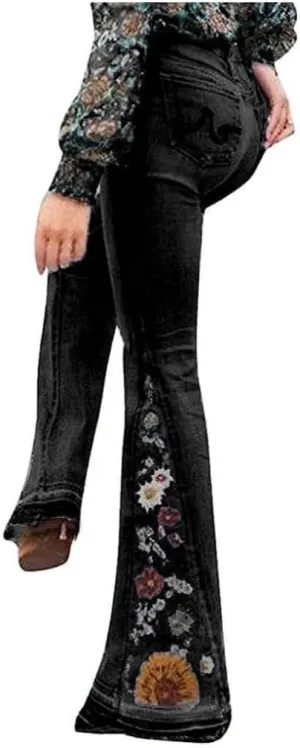 Women Bell Bottom Embroidered Gothic Floral Print Bootcut Western Jeans