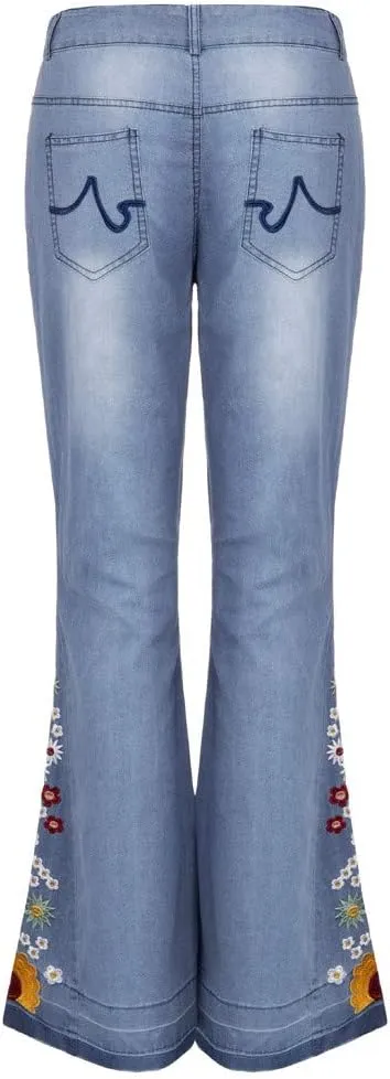 Women Bell Bottom Embroidered Gothic Floral Print Bootcut Western Jeans