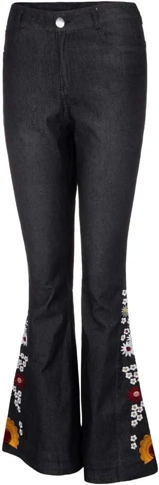 Women Bell Bottom Embroidered Gothic Floral Print Bootcut Western Jeans