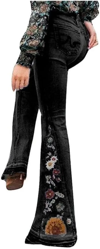 Women Bell Bottom Embroidered Gothic Floral Print Bootcut Western Jeans