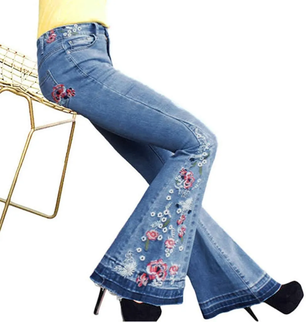 Women Bell Bottom Embroidered Gothic Floral Print Bootcut Western Jeans