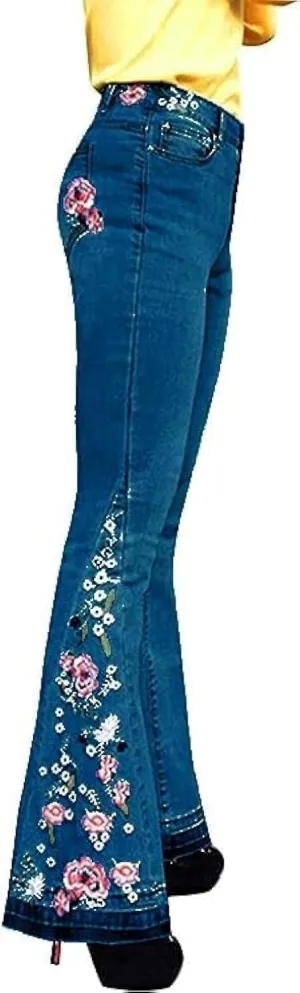 Women Bell Bottom Embroidered Gothic Floral Print Bootcut Western Jeans