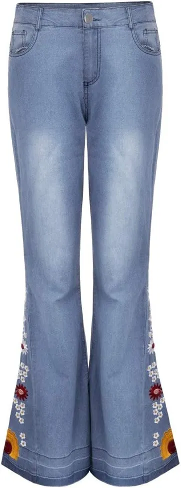 Women Bell Bottom Embroidered Gothic Floral Print Bootcut Western Jeans