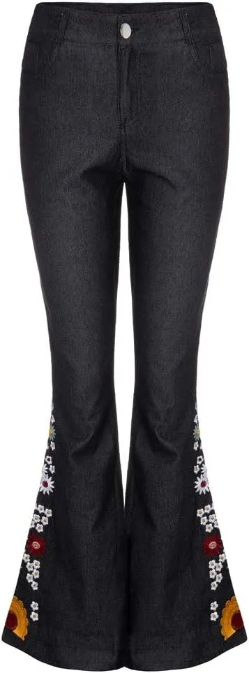 Women Bell Bottom Embroidered Gothic Floral Print Bootcut Western Jeans