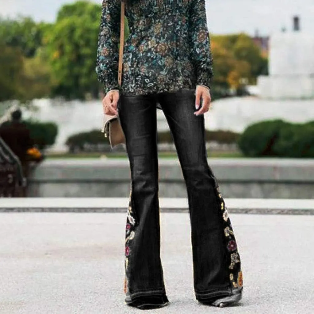 Women Bell Bottom Embroidered Gothic Floral Print Bootcut Western Jeans