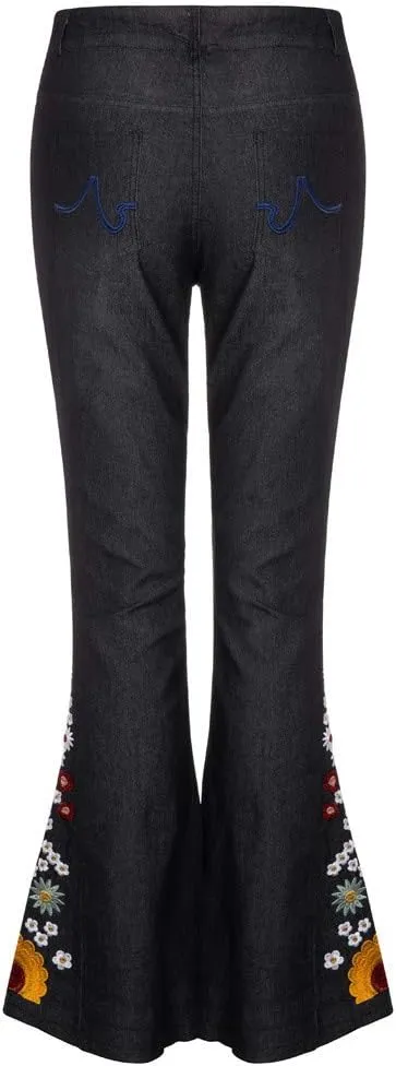 Women Bell Bottom Embroidered Gothic Floral Print Bootcut Western Jeans