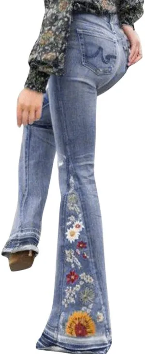 Women Bell Bottom Embroidered Gothic Floral Print Bootcut Western Jeans