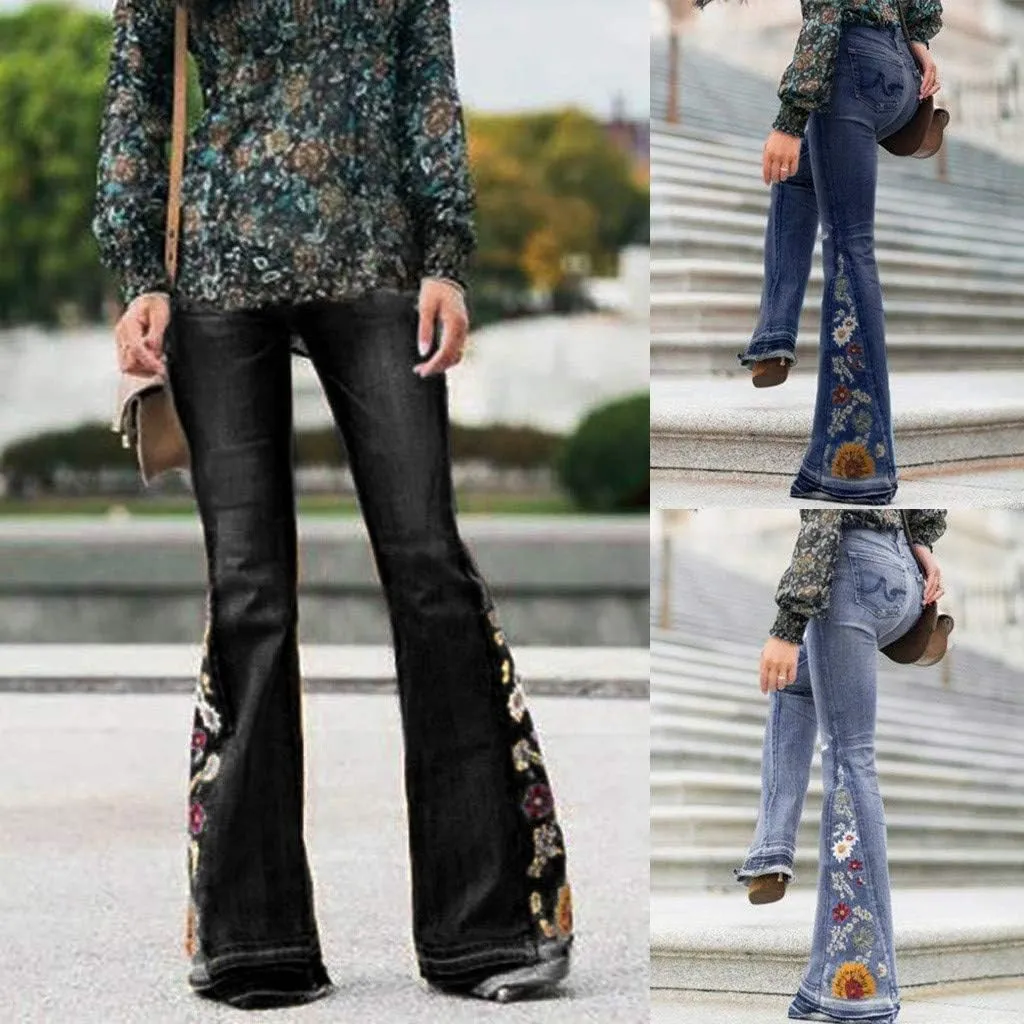 Women Bell Bottom Embroidered Gothic Floral Print Bootcut Western Jeans