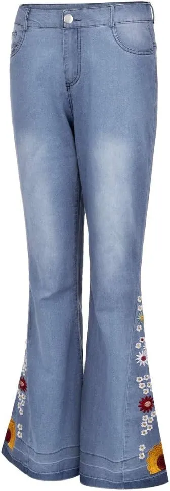 Women Bell Bottom Embroidered Gothic Floral Print Bootcut Western Jeans