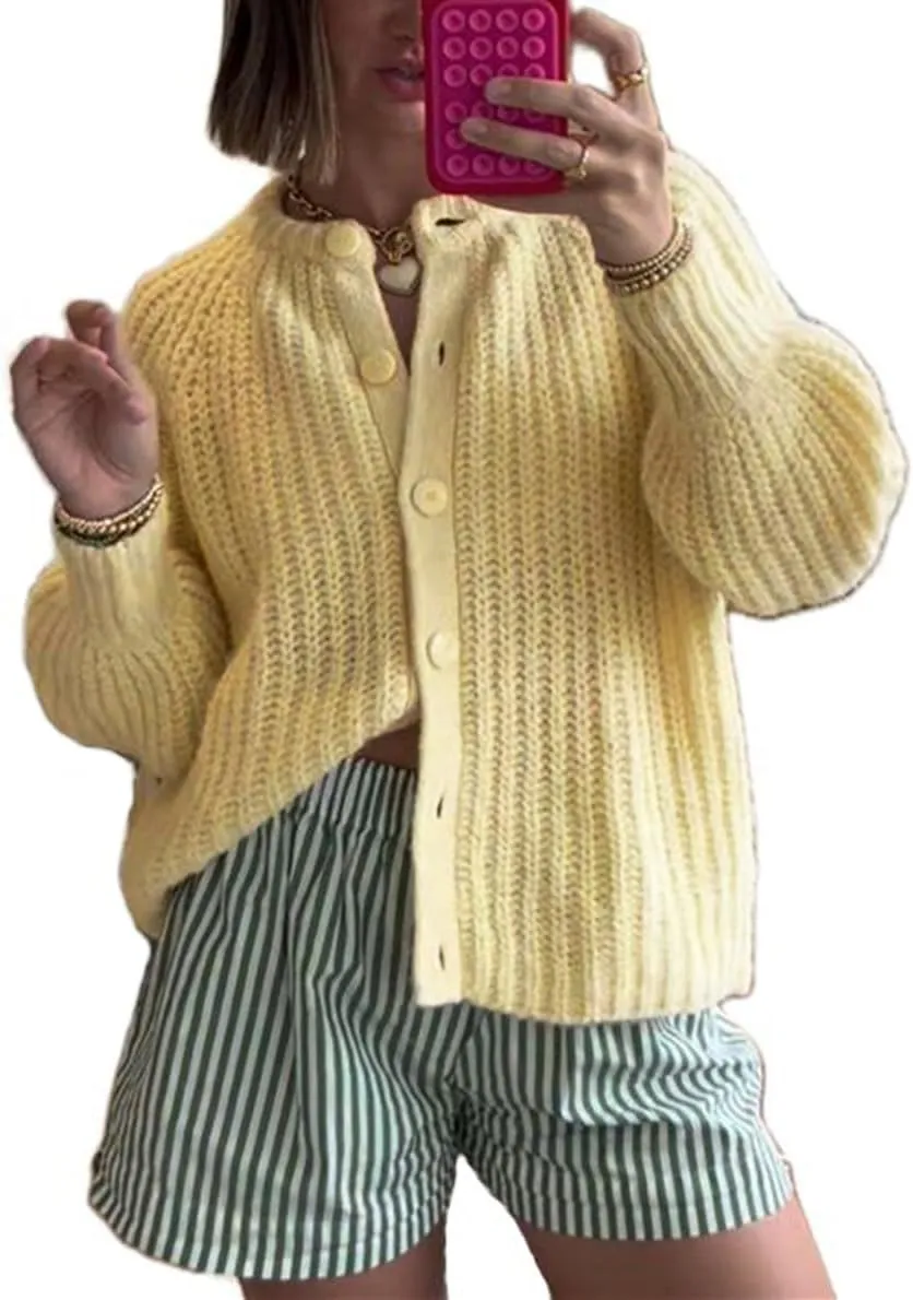 Women Button Down Cardigan Sweater Long Sleeve Chunky Cardigan Top Casual Knit Jacket Fall Winter Streetwear