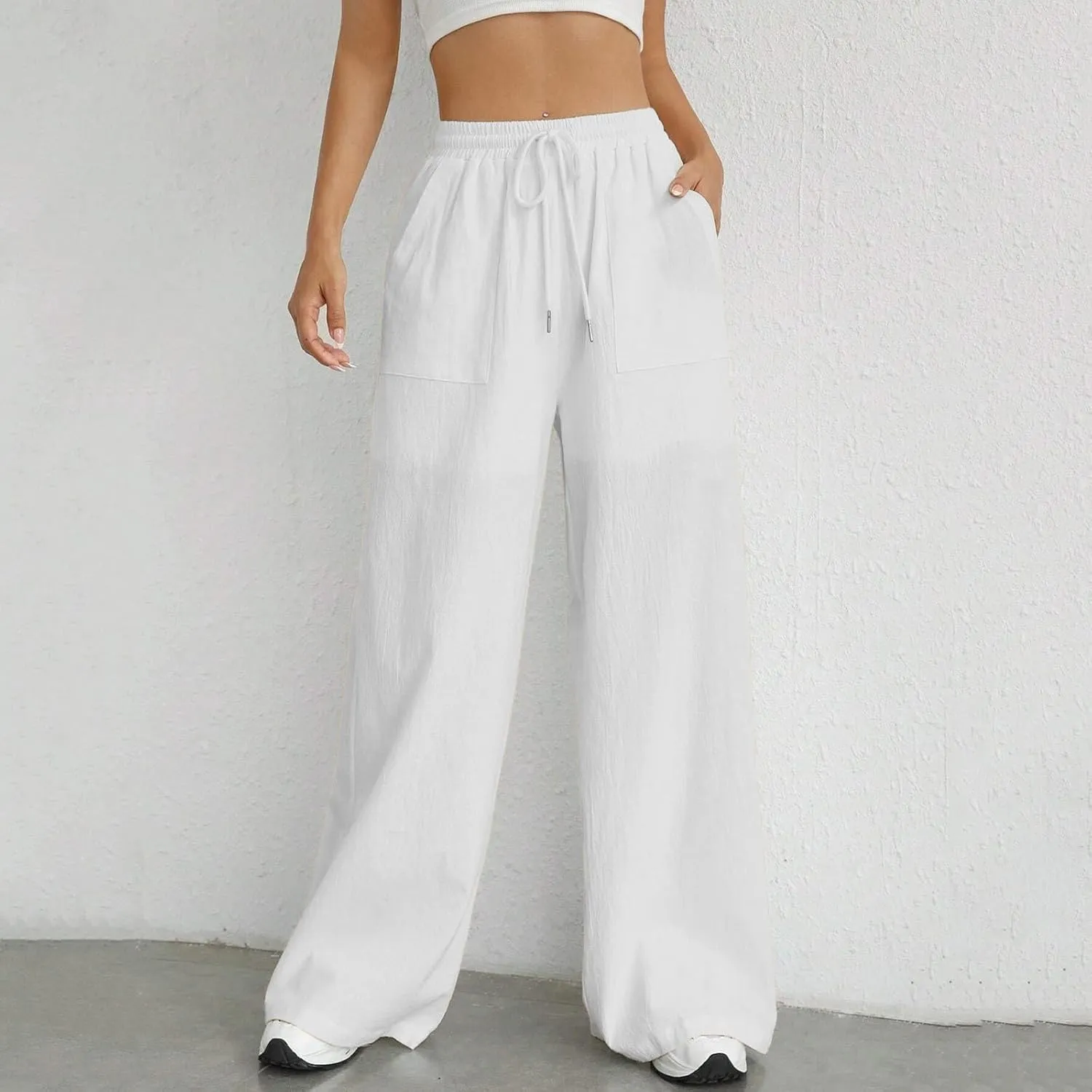 Women Fashion Casual High Waist Wide Leg Pants Drawstring Elastic Trousers Comfy Long Pants with Pockets