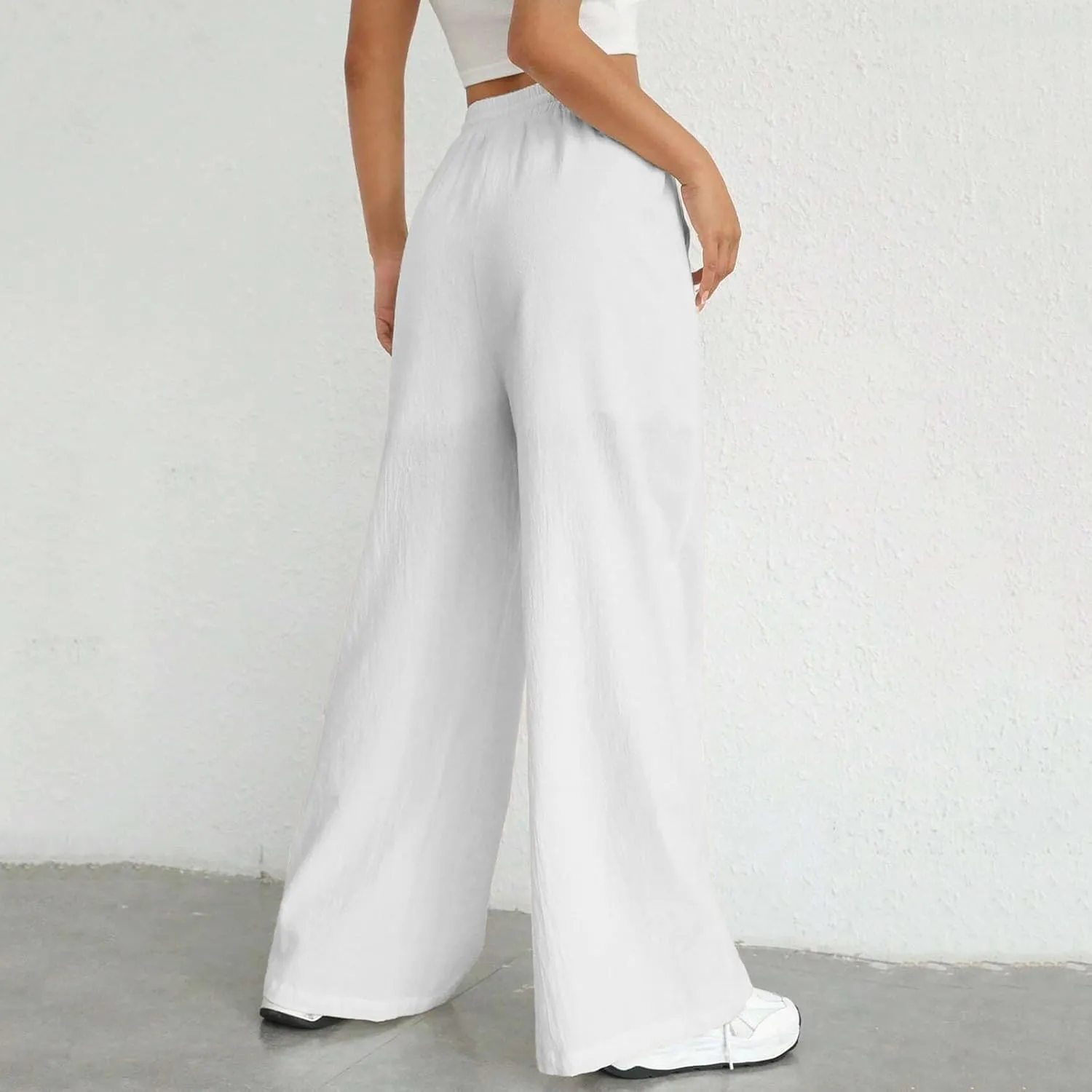 Women Fashion Casual High Waist Wide Leg Pants Drawstring Elastic Trousers Comfy Long Pants with Pockets