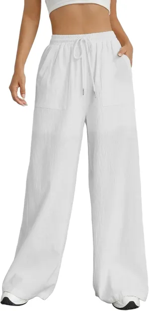 Women Fashion Casual High Waist Wide Leg Pants Drawstring Elastic Trousers Comfy Long Pants with Pockets