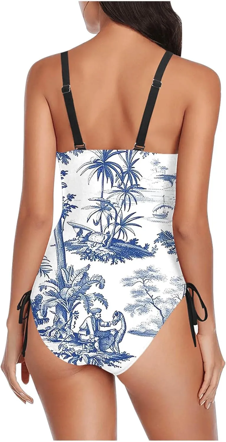 Women Floral One Piece Swimsuits Tummy Control Sleeveless Backless Slimming Swimwear High Waisted Boho Bathing Suits