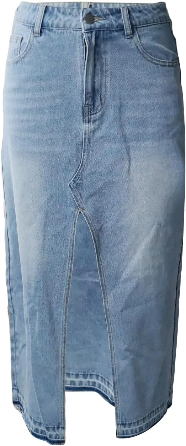 Women High Waist Denim Skirts Solid Color Tassel Hem Long Jeans Skirts Spring Summer Casual Skirts Streetwear